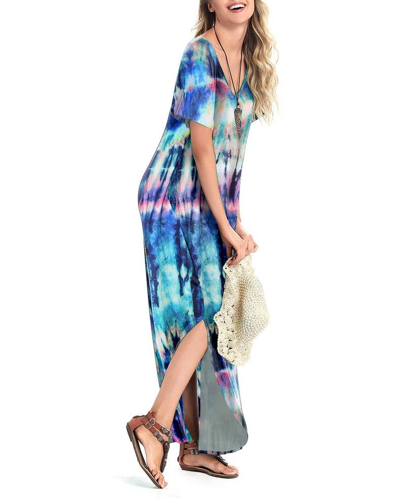 Arolina Women Summer Maxi Dress Short Sleeve V Neck Casual Loose Long Split Dresses Beach Vacation Sundress with Pockets Floral Blue - Image 4